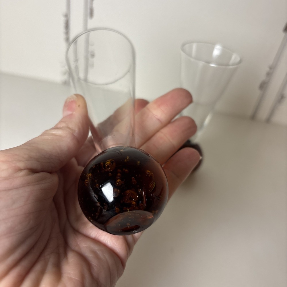Vintage 2 Cordial Shot‎ Glass Amber Bubble Ball Bottom Base Colored Glass 4 1/2" - Picture 3 of 7